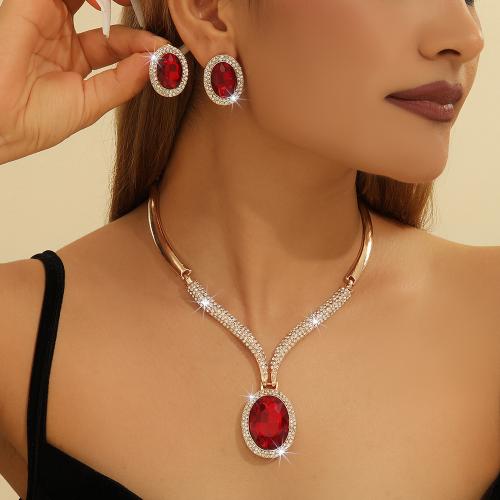 Europe And The United States Hot Gold Zinc Alloy Inlaid White Rhinestone Red Crystal Necklace Ear…