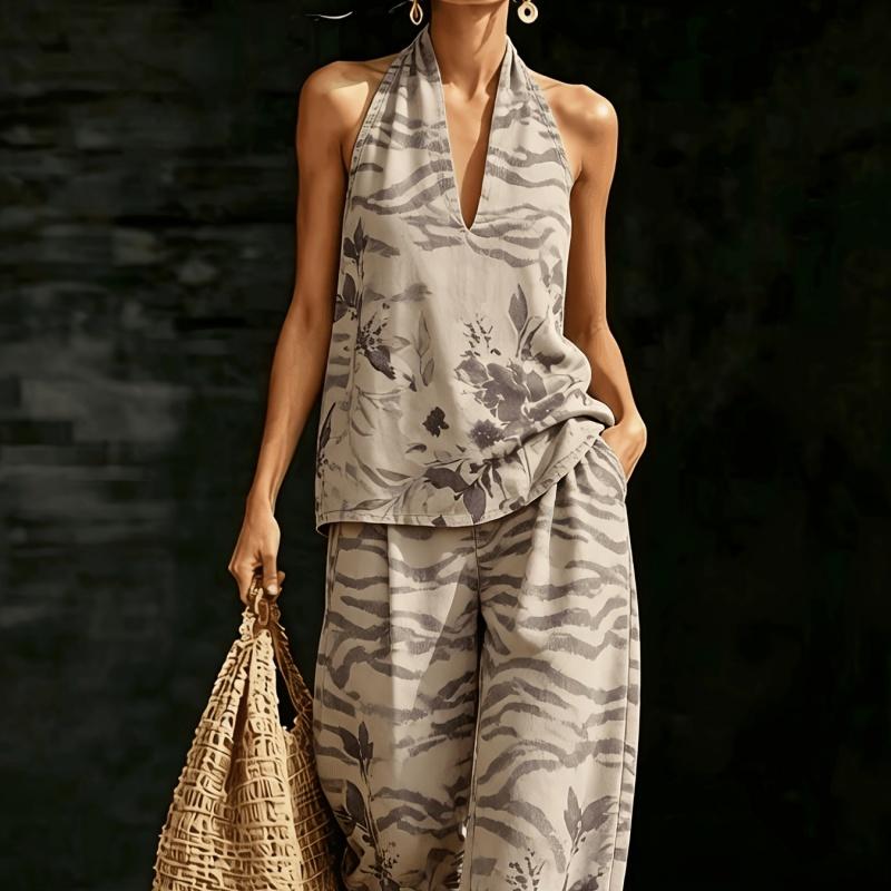 Loose V-neck Sleeveless Striped Casual Suit