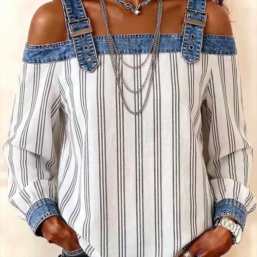 Womens Denim Patchwork Off-Shoulder Top