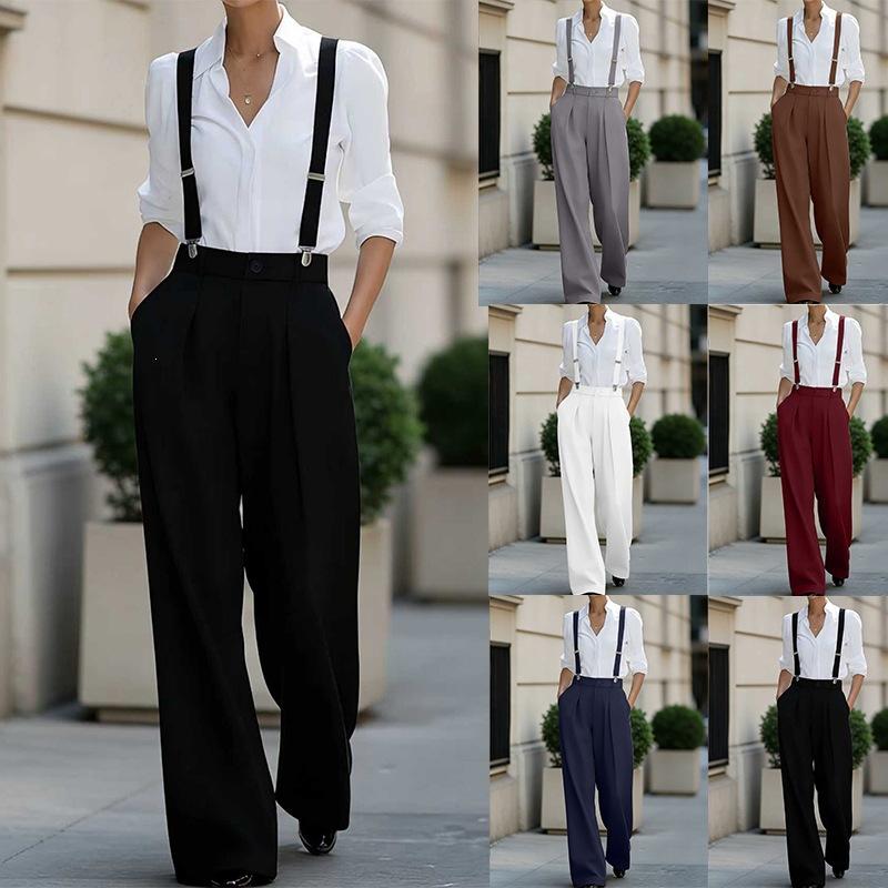 Womens Solid-color Casual Elastic Non-slip Suspender Pants