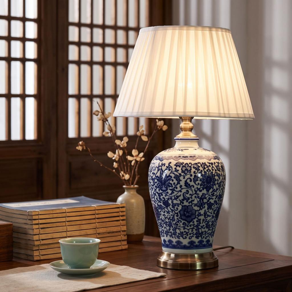 Blue-and-white Plum Vase Ceramic Retro Living Room Table Lamp