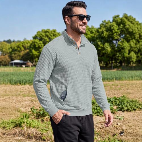Men's Waffle Weave 3D Pocket Polo Shirt With Henry Collar, Long Sleeve, For Export, TK Outdoor Ca…