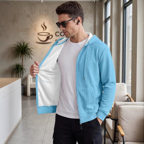 Cross-border Men's American-style Jacquard Waffle Knit Hooded Pocket Cardigan Jacket, Heavy-duty…