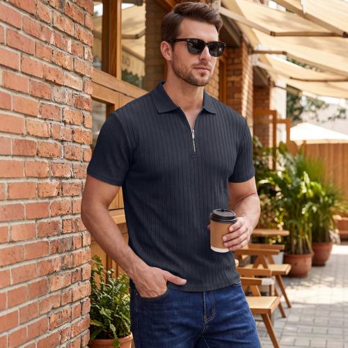 Cross-border Summer Men's Textured Jacquard Half-Zip Polo Shirt With Turn-Down Collar, Breathable…