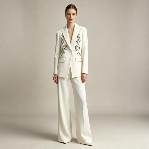 Floral Beaded Embroidery Blazer Wide-Leg Pants 2-Piece Suit Set