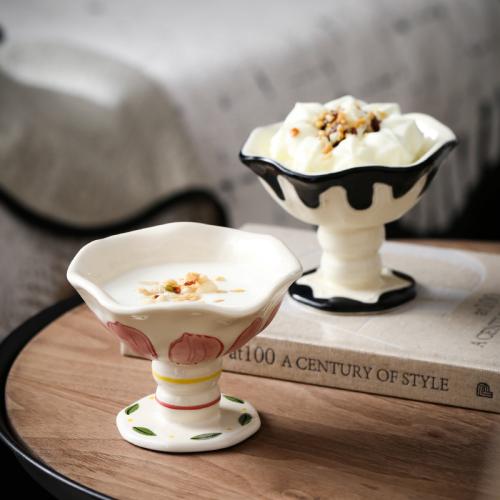 Underglaze Decorated Ceramic High Footed Cup Ice Cream Bowl Dessert Cup