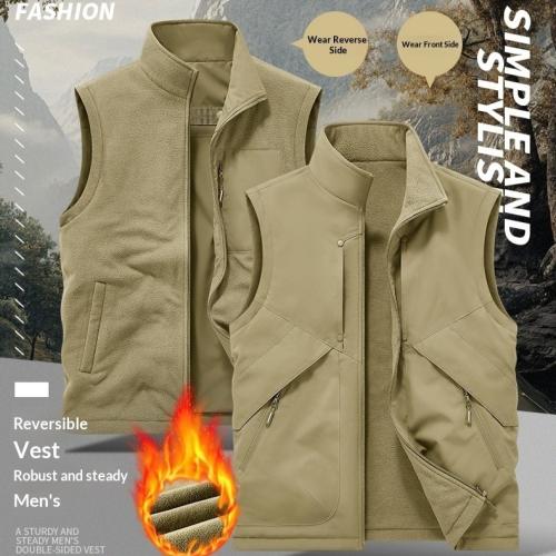 Mens Waterproof Fleece-lined Thickened Thermal Double-sided Vest With A Stand-up Collar And Sleev…
