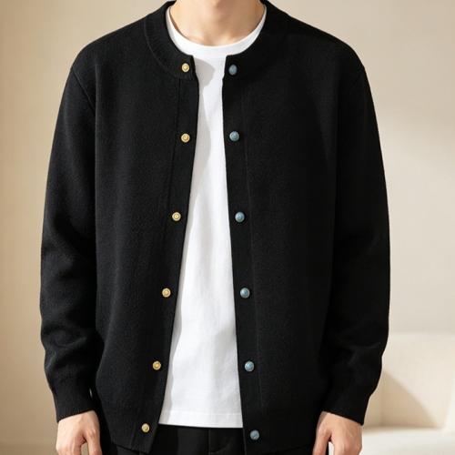 Preppy-Style Crew-Neck Knitted Sweater Cardigan Mens Coat