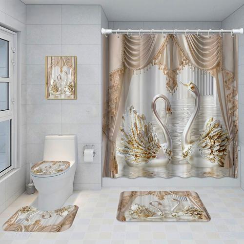 Bathroom Five-piece Set, Shower Curtain, Three-piece Mat Set, Aluminum Alloy Decorative Painting