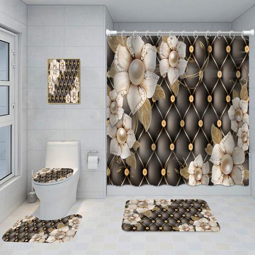 Bathroom Five-piece Set, Shower Curtain, Three-piece Mat Set, Aluminum Alloy Decorative Painting