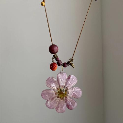 Purple Potentilla Dry Flower Pendant Long Necklace