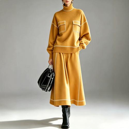Turtleneck Knitted Long-sleeve Top And Skirt Two-piece Set