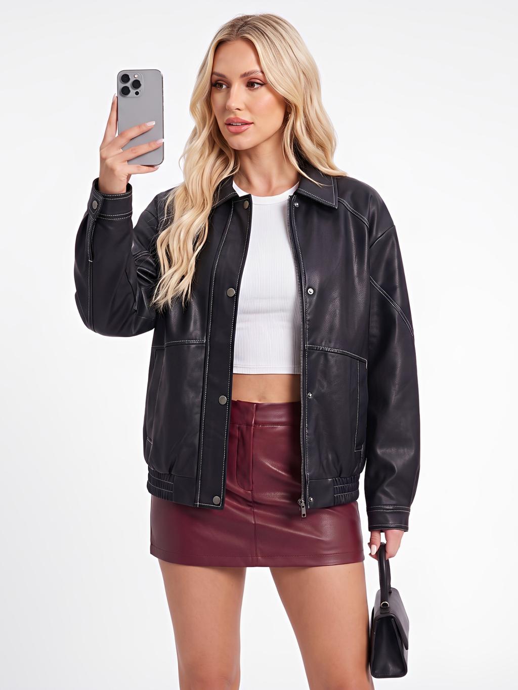 Women's Imitation Leather Oversize Jacket Motorcycle Style Jacket Spring And Autumn Fashion Jack…