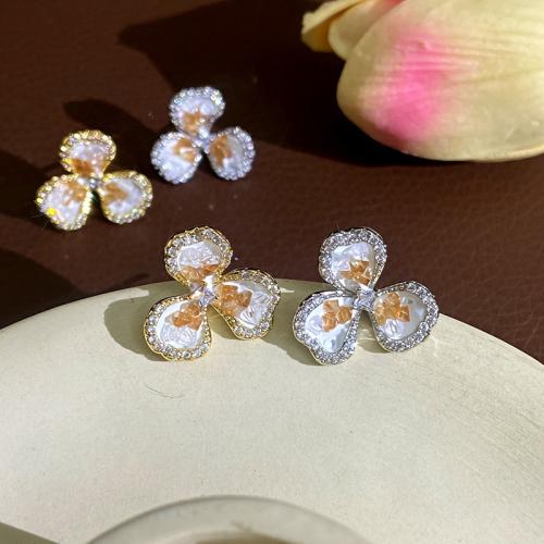 Korean Style Sweet Zircon Three Leaf Flower Stud Earrings Women Ear Jewelry For Daily Dating Offi…