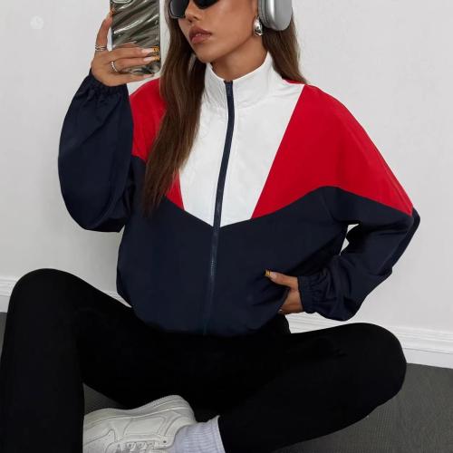 Womens Color-Block Woven Stand-Collar Zip Jacket