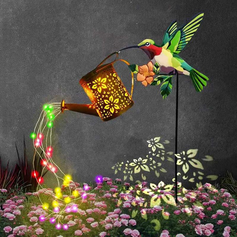 Solar Powered Hummingbird Teapot Lantern - Creative Hollow Iron Art Garden Stake Light for Outdoo…