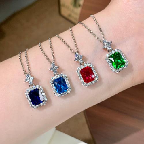 Luxury Emerald Cut Colorful Crystal Pendant Necklace Rectangle Radiant Diamond Halo Clover Star C…