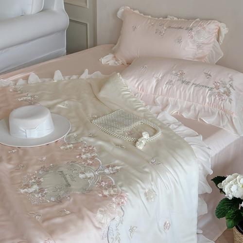 Girls' Summer Tencel Romantic Floral Embroidered Lace Summer Cooling Quilt
