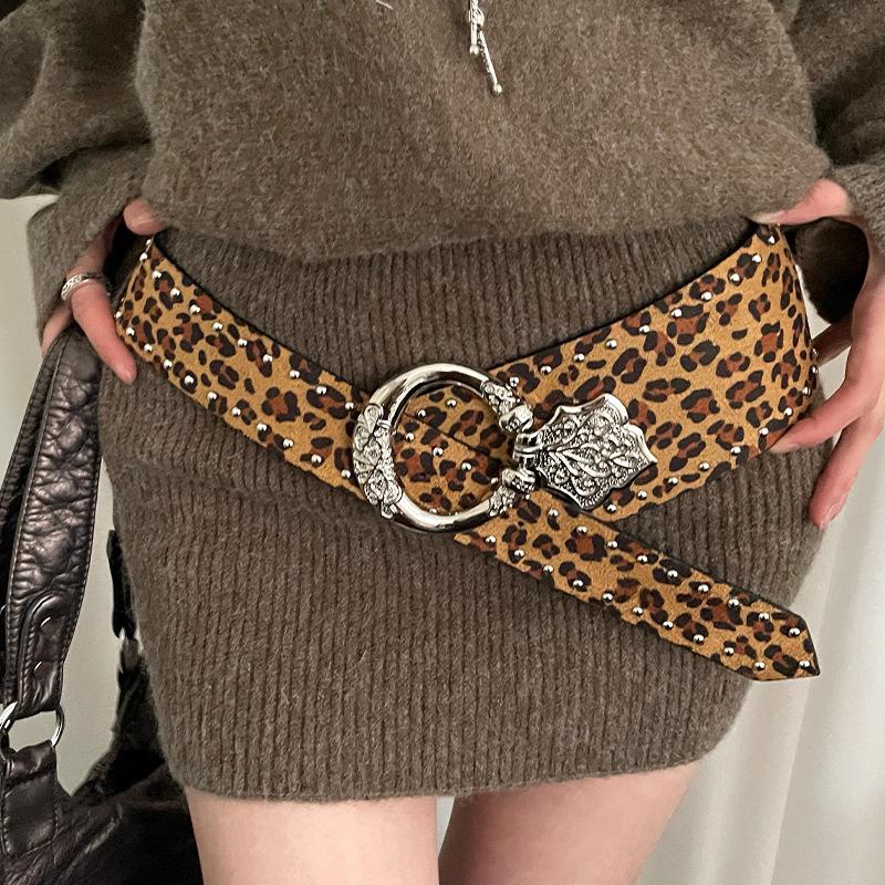 Leopard-print Wide Belt Women's Vintage American Style