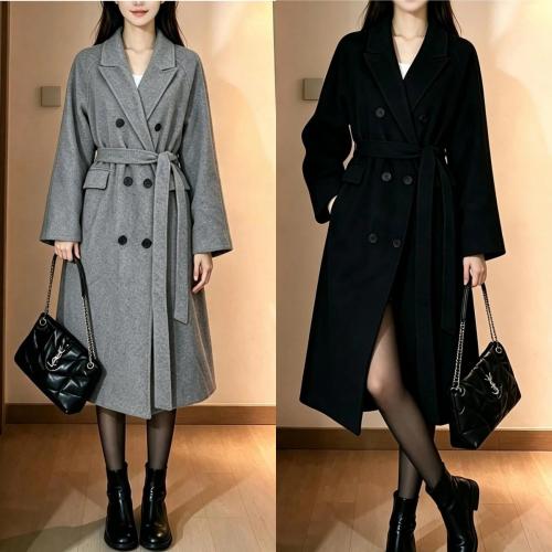 Mid-length Thickened Wool Coat With Tie Belt For Women