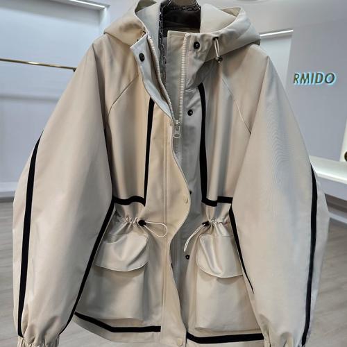 European Style Color Block Ribbon Embellished Women's Short Trench Coat - Casual Loose Fit Slimmi…