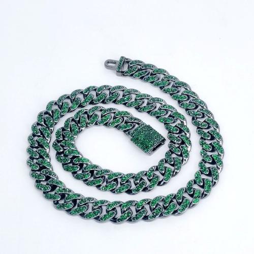 12mm Round Emerald And Diamond-Encrusted Men's Alloy Necklace
