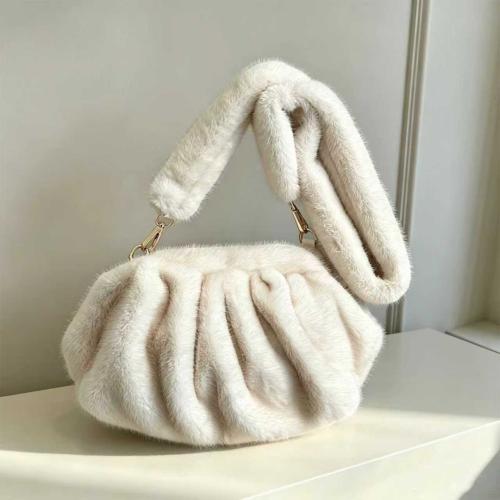 2026 New Plush Shoulder Bag Women's Fashion Imitation Mink Fur Pleated Cloud Bag Autumn-Winter Versatile Crossbody Bag - White