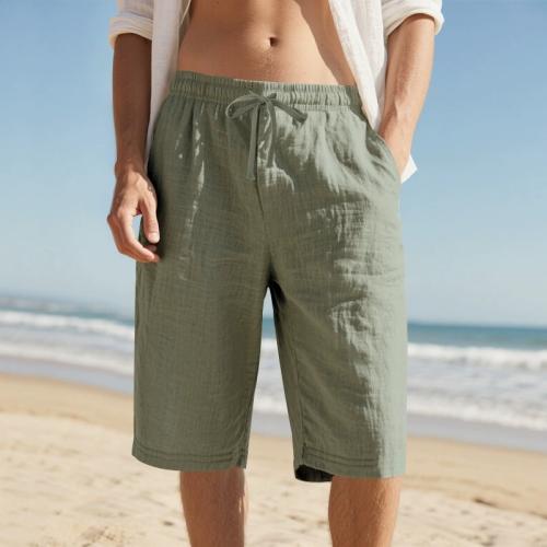 New Crossborder Men's Shorts, Linen Drawstring Elastic Waist, QuickDry Straight Leg Solid Color B…