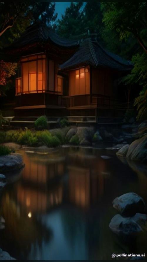 dreamed up by AI A Serene Japanese Garden At Dusk With A Temple And…