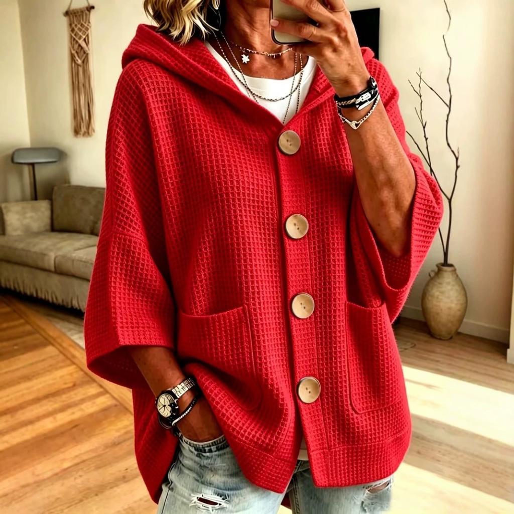 Simple And Comfortable Solid Color Front Row Buttons Hooded Cardigan
