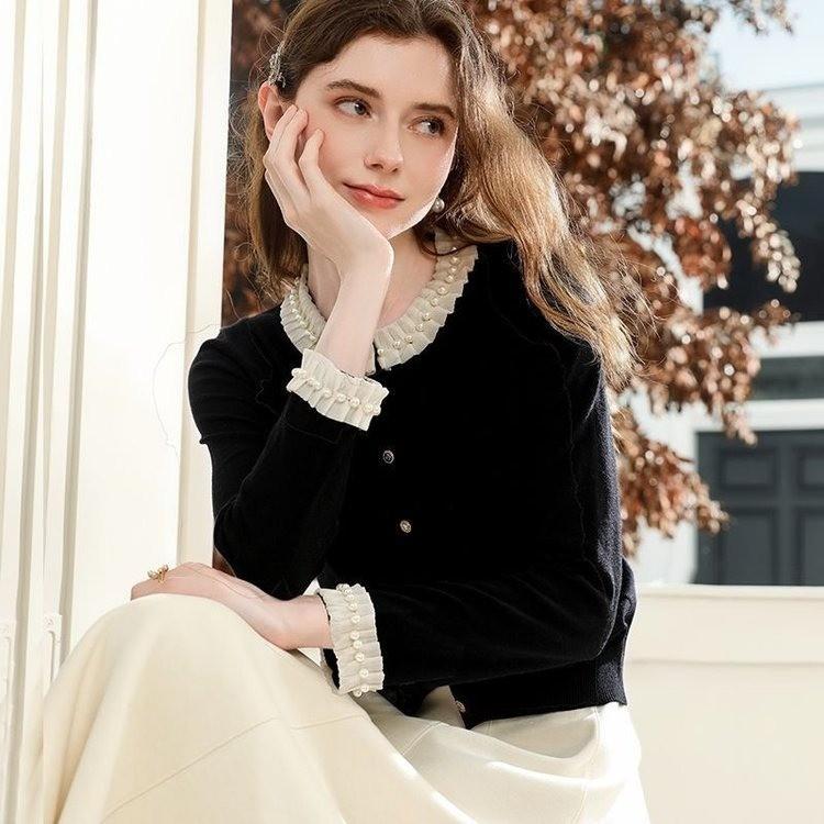 French-style Chanel-inspired Heavily Beaded Black Knit Cardigan For Women