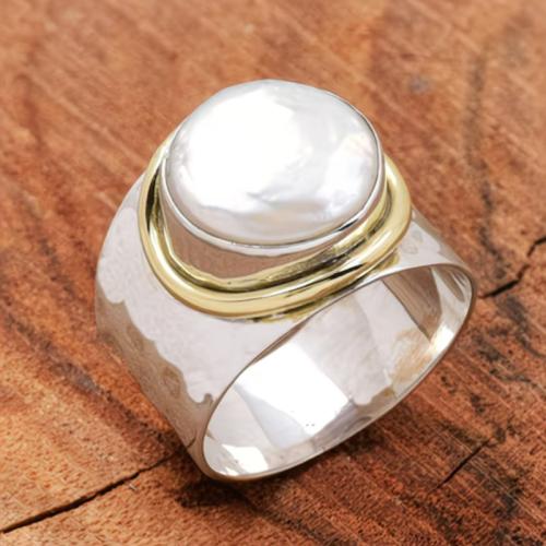 Silver Plated Wide Band Ring With Faux Pearl - Minimalist Geometric Statement Jewelry
