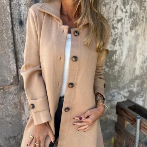 Women's Solid-color Lapel-collar Single-breasted Mid-length Coat