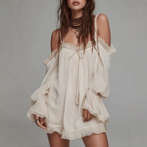 Bohemian-style Off-shoulder Strap Dress Loose-fitting Lace Mini Skirt