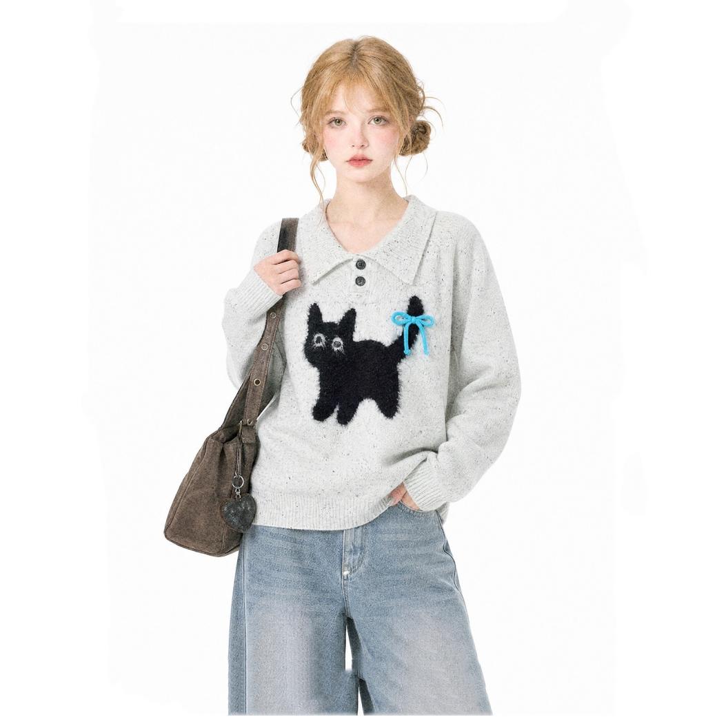 Autumn And Winter Loose Grey Retro Cute Style Cat Polo Sweater For Women