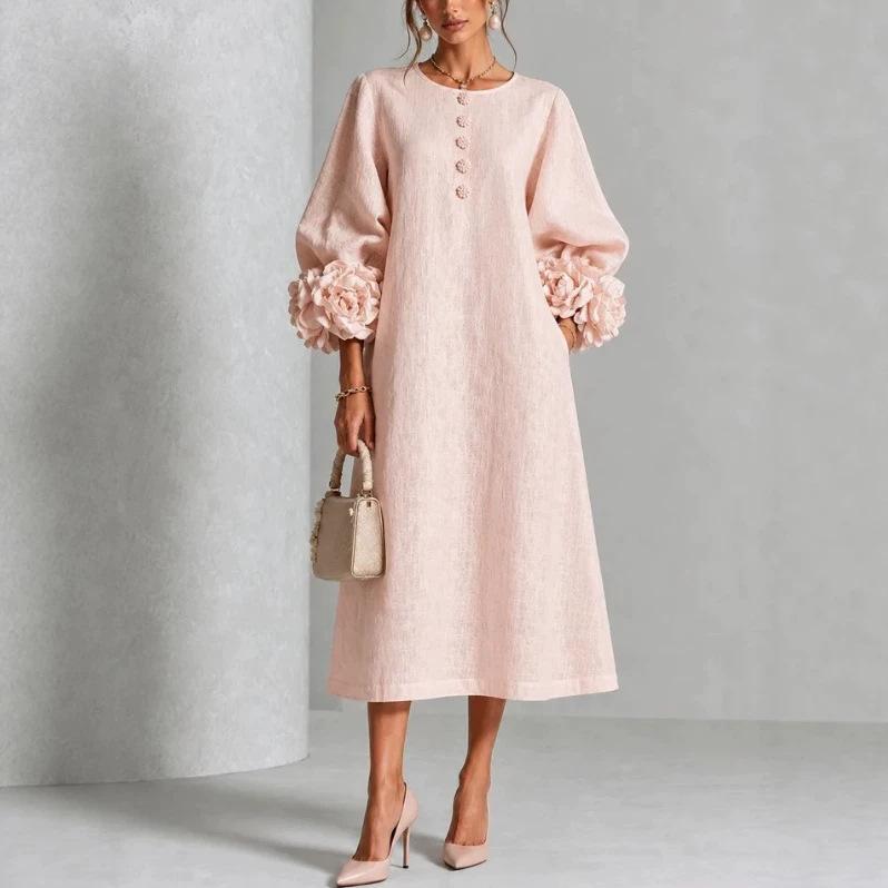 Elegant Cotton-Linen Floral-Sleeved Dress For Women