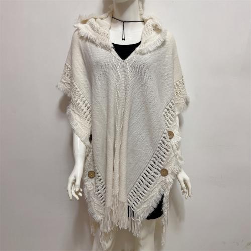 Plus-size Knitted Hooded Cape Shawl With Buttons