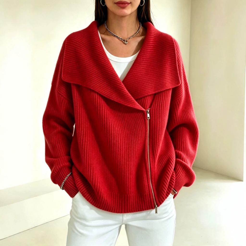 Notch-collar Double-zip Knit Cardigan Womens Top