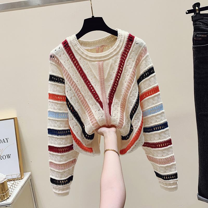 Women's Rainbow-striped Long-sleeve Knit Sweater