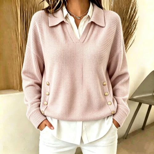 Waffle-Weave Arrival Loose-Fit Casual Turn-Down Collar Pullover Womens Sweatshirt