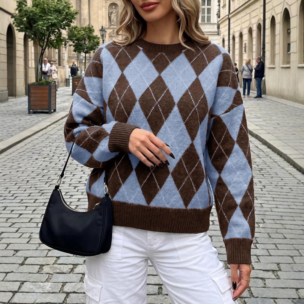 Women's Loose-fit Color-block Diamond-pattern Sweater