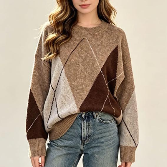 Loose-fit Diamond-pattern Jacquard Sweater For Women