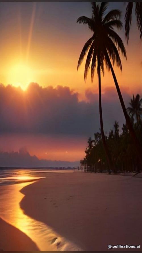 made with AI 🎨 A Tropical Beach At Golden Sunset With Palm Trees 🎨…