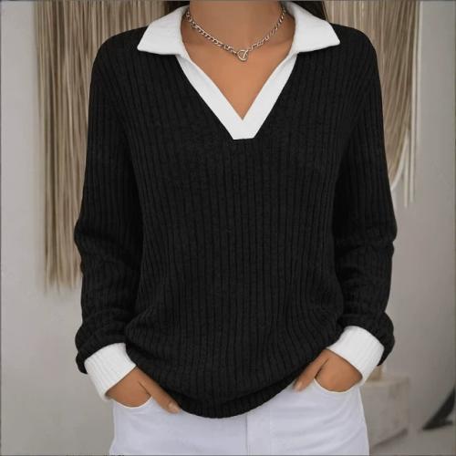 Women's Color-block Lapel Long-sleeve Plus-size Top
