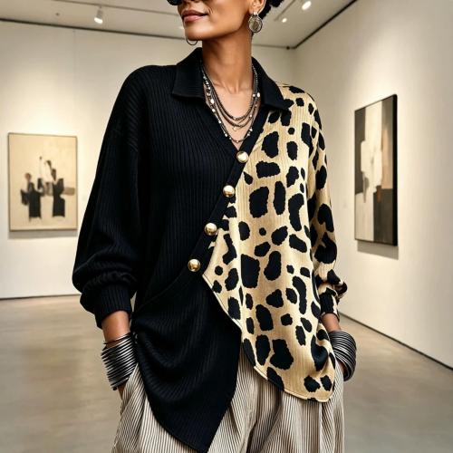 Asymmetric Patchwork Cardigan Top Women's Lapel Loose Jacket