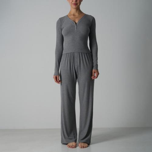 Slim-fit V-neck Pocketed Wide-leg Loungewear Set