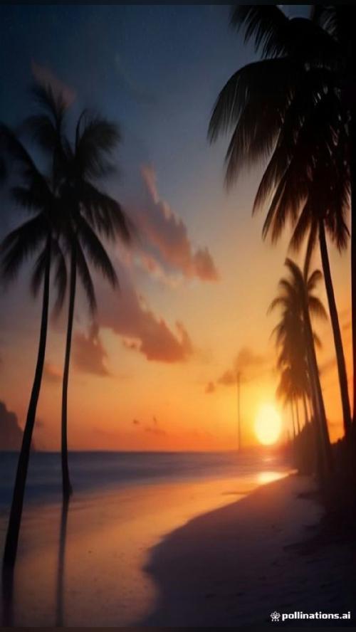 made with AI 🎨 A Tropical Beach At Golden Sunset With Palm Trees 🎨…