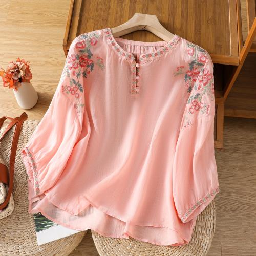 Retro Ethnic Heavy Embroidery Ramie Shirt - Women's Thin Lantern Sleeve Loose Cotton Linen Doll B…