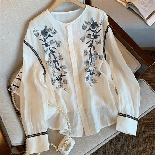 Korean-style Fashionable Retro Color-block Embroidered Patchwork Long-sleeve Shirt