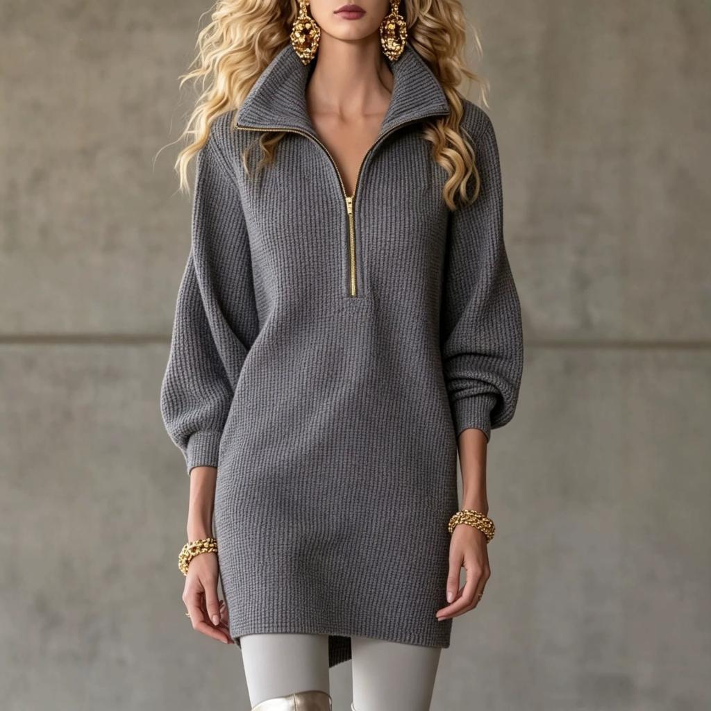 Women's Waffle-Knit Casual Long-Sleeve Zip-Up Pullover Dress